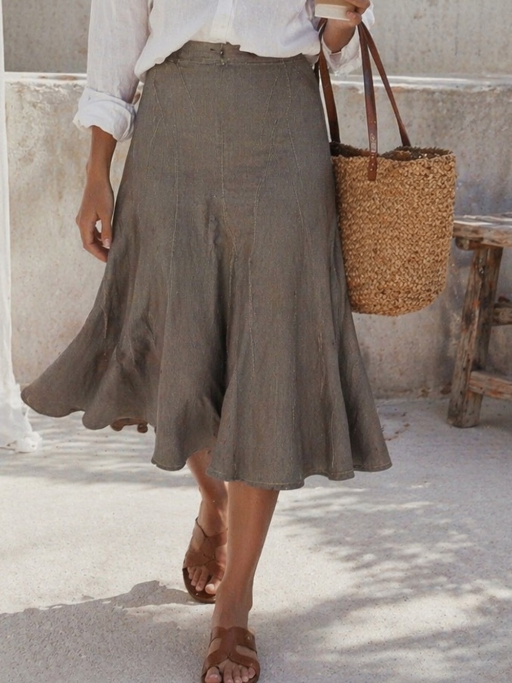 A.M.I Taupe Paneled Flared Panel denim Skirt Size 12 Coastal Cowgirl Euro Summer